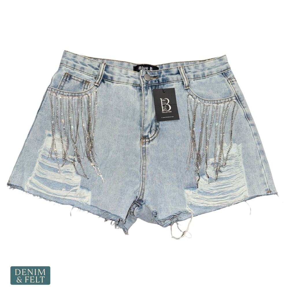 NEW Blue B Denim Rhinestone Fringe Shorts Distressed Western Festival Glam Large